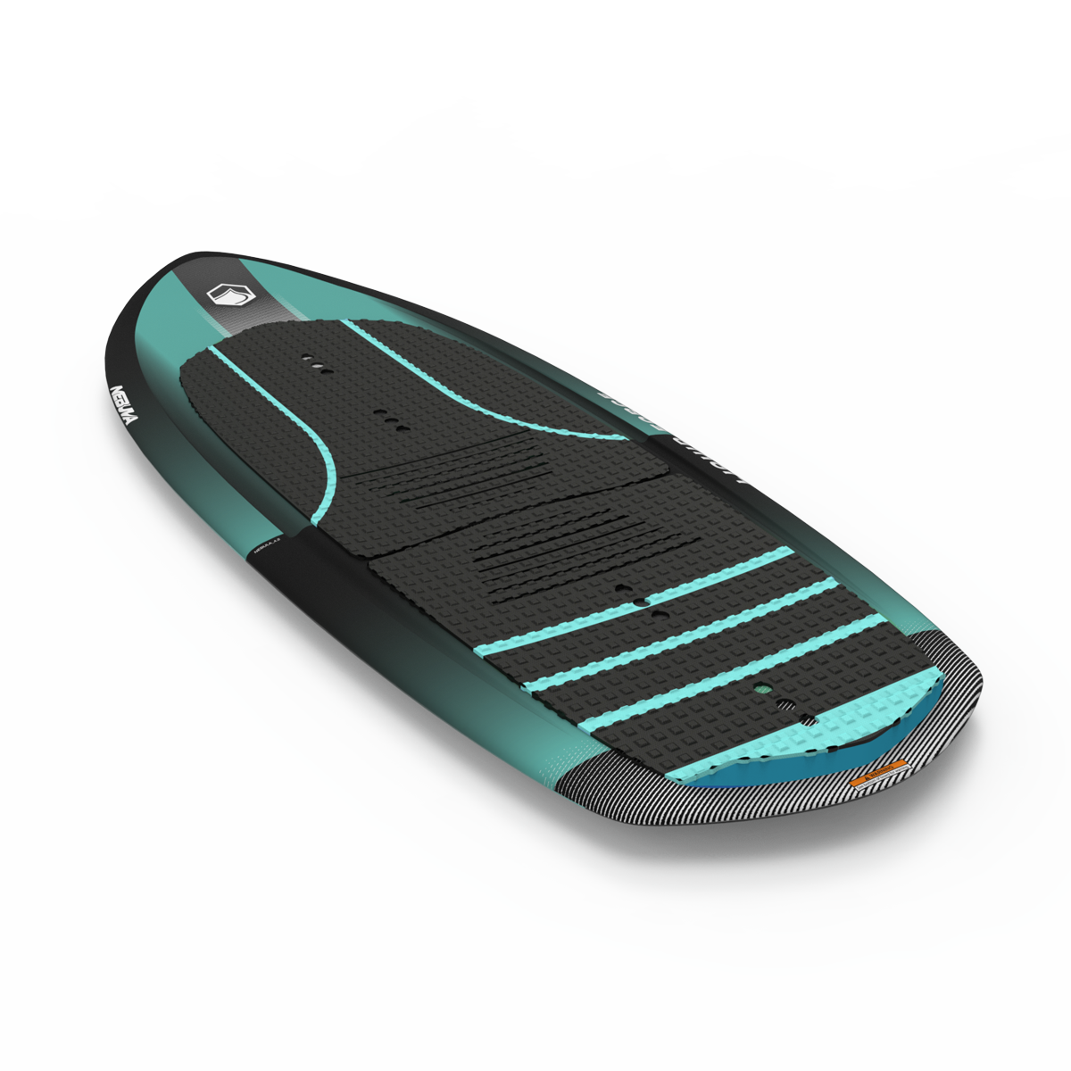The Liquid Force 2025 Nebula Foil Board by Liquid Force is a teal and black paddleboard featuring blue accents set against a white background. It boasts a textured grip surface and durable Dura-Surf Construction designed for optimal performance.