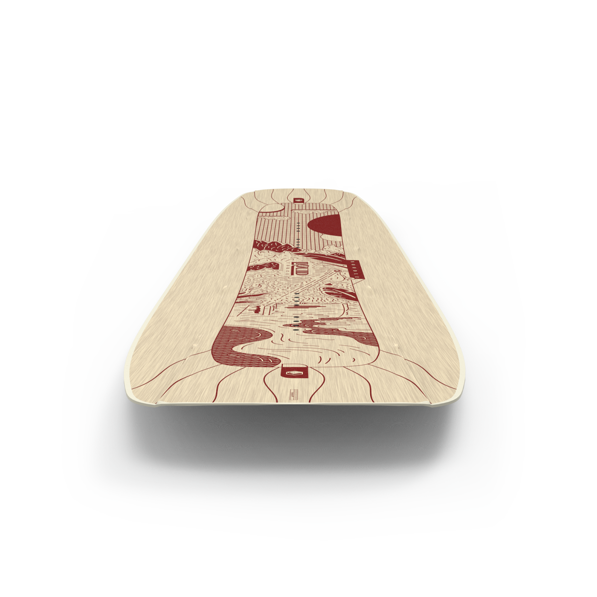 Liquid Force 2025 Noodle Wakeboard, showcasing an intricate red and tan graphic design, captured from a low angle to highlight its gentle flex, reminiscent of graceful park lines.