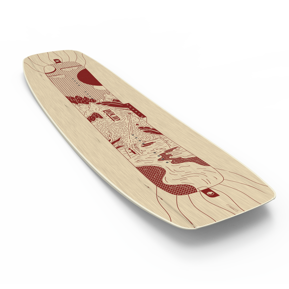 A Liquid Force 2025 Noodle Wakeboard showcasing a detailed red and white design with intricate patterns and illustrations, expertly balancing the flex required for smooth rides through park lines.