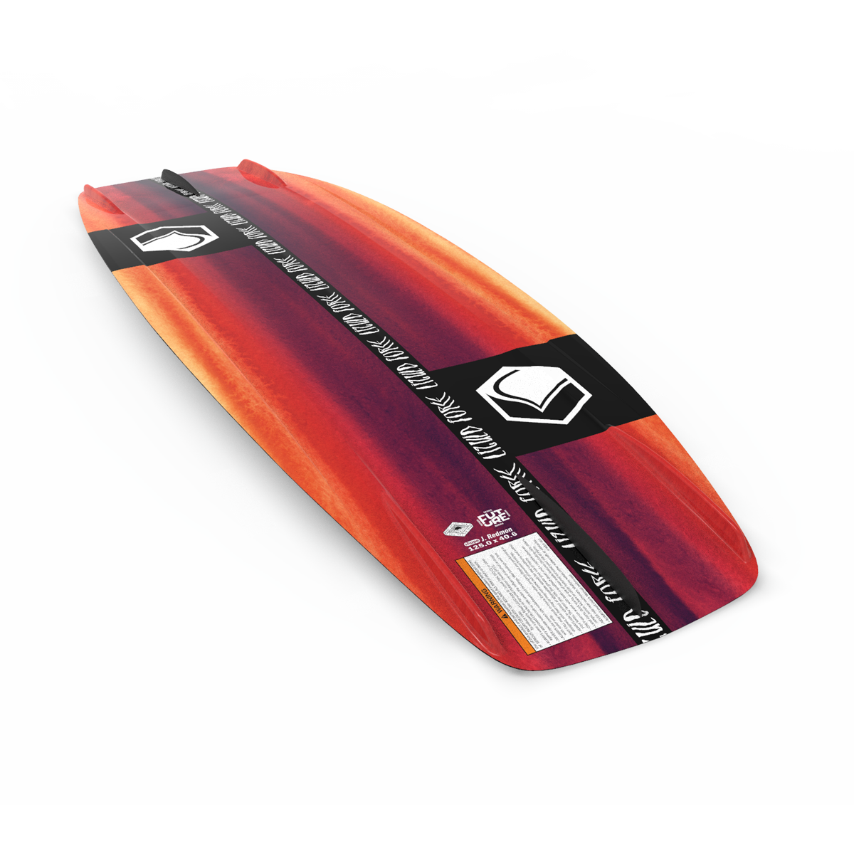 Introducing the Liquid Force 2025 RDX Kid's Wakeboard, a dynamic red and orange wakeboard from Liquid Force designed for younger riders. It features black and white logo and text details set against a clean white background.