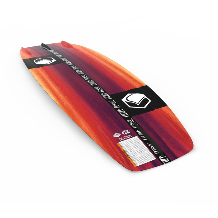 The Liquid Force 2025 RDX Kid's Wakeboard, paired with Rant 6R Bindings, features an eye-catching orange and red gradient design enhanced by striking black and white branding on the deck, making it a perfect choice for young riders.