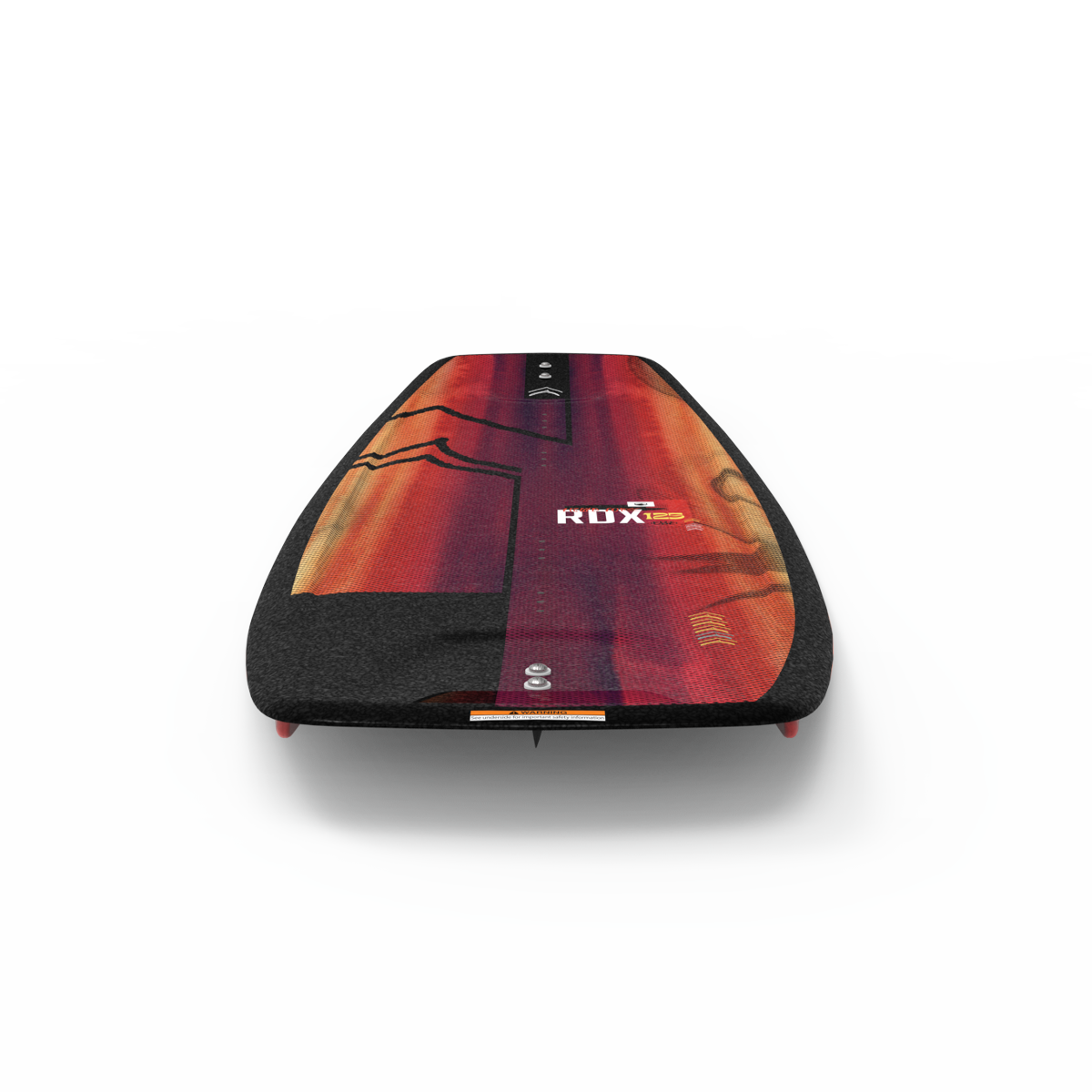 A Liquid Force 2025 RDX Kid's Wakeboard, featuring abstract black and red patterns, stands vertically on a white surface, resembling the sleek designs often seen in the Future Series by Liquid Force.