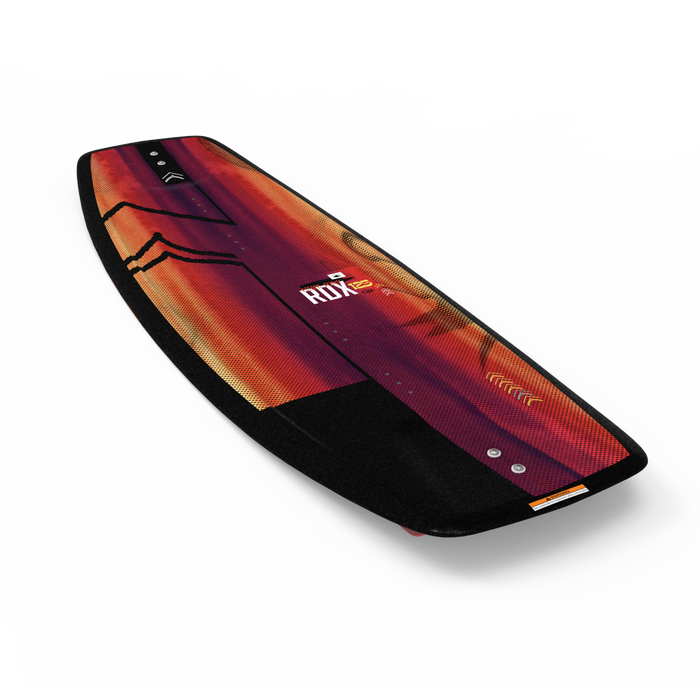 A Liquid Force 2025 RDX Kid's Wakeboard with Rant 6R Bindings, showcasing red and black geometric designs and the RDX text, is placed on a white background.