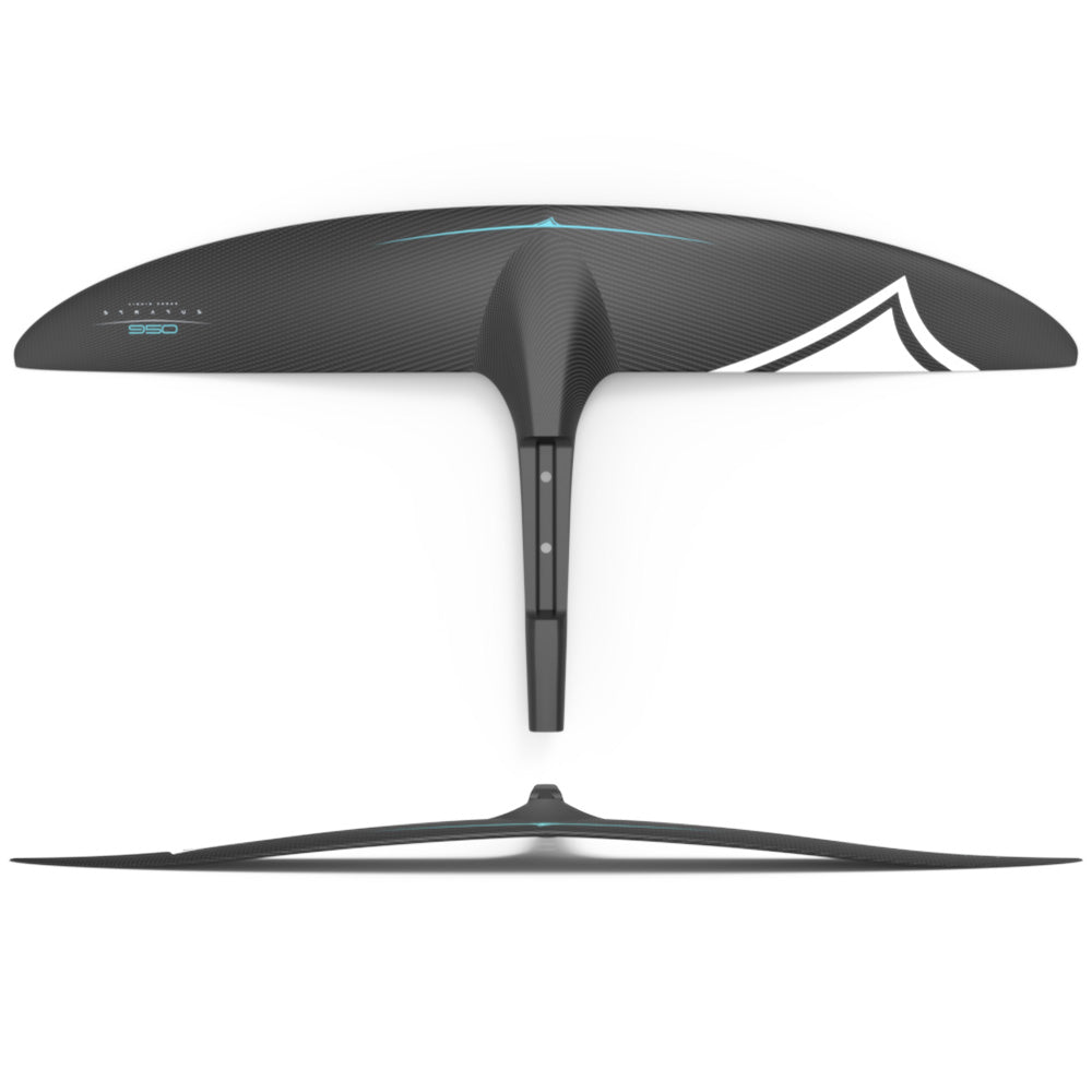 Explore the aerial and side view of the Liquid Force 2025 Status Carbon 950 Fuselock Front Wing, showcasing a streamlined design with a central mount that exemplifies a high aspect foil by Liquid Force.