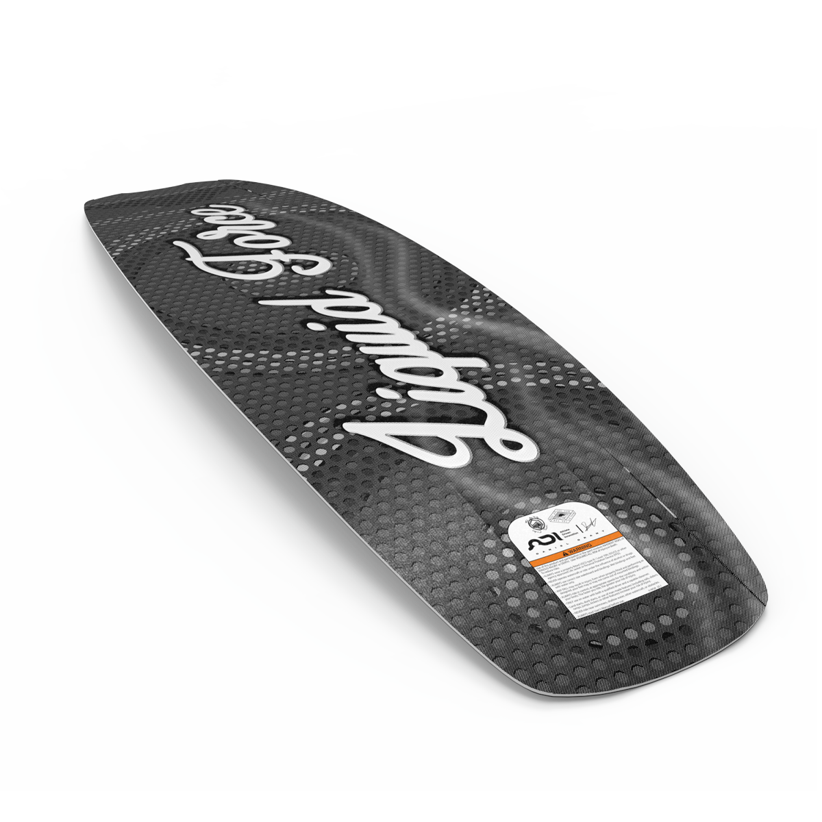 The Liquid Force 2025 Tao Wakeboard showcases a sophisticated monochrome design with the brand's name, Liquid Force, elegantly displayed in a white script against its textured dark surface. Equipped with Hotbox technology, this sleek wakeboard delivers outstanding performance on the water.