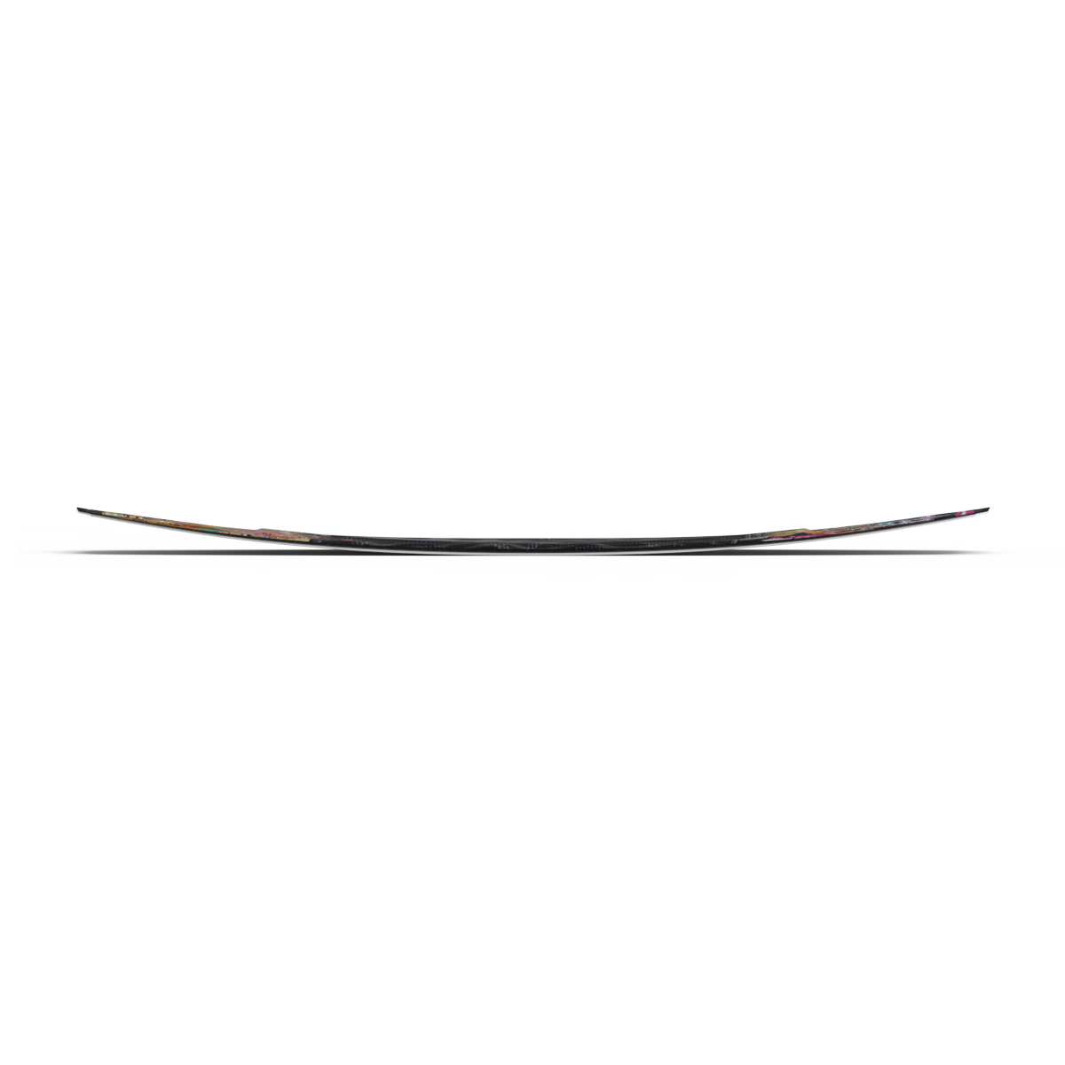 A side view of the Liquid Force 2025 Tao Wakeboard reveals its camber profile, featuring a slightly arched center and lifted tips, enhanced by Hotbox technology for optimized efficiency.