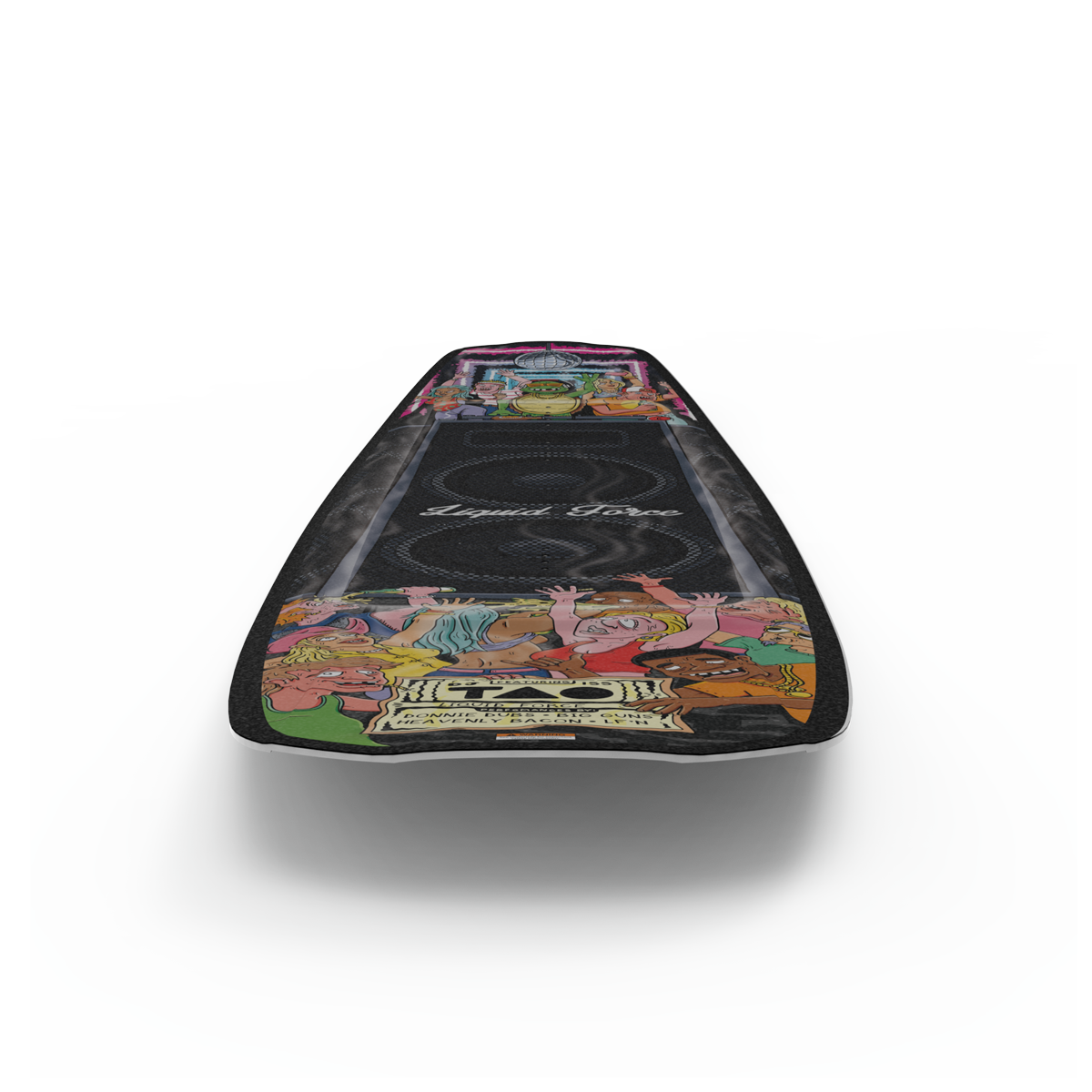 The Liquid Force 2025 Tao Wakeboard by Liquid Force showcases a vivid design with an array of colorful characters and the name Rogue Brew, complemented by its advanced stepped deck construction for enhanced stability and control.