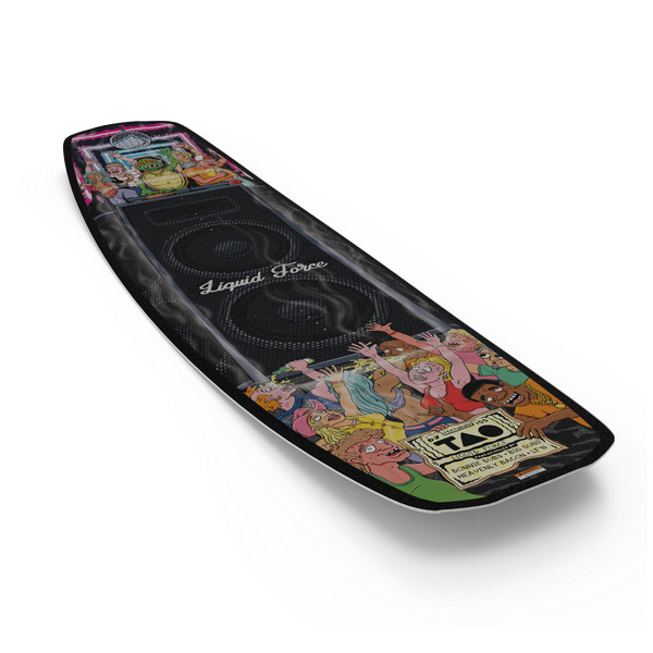 Experience the Liquid Force 2025 Tao Wakeboard, featuring vibrant cartoon graphics with the Liquid Force branding and a spirited array of characters, now equipped with Hotbox technology to deliver optimal performance.