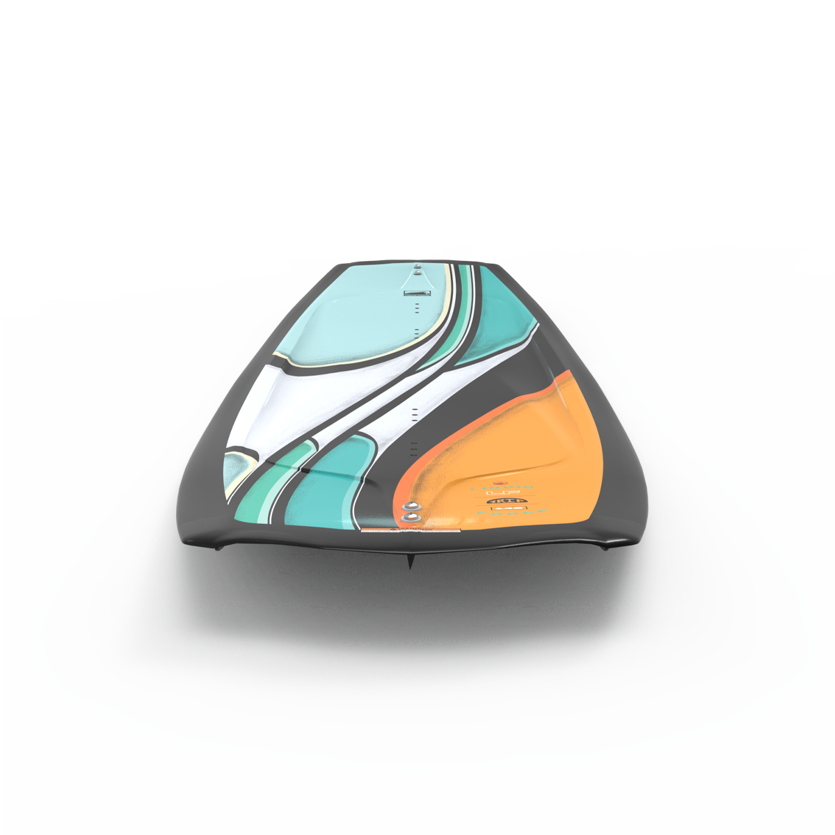 Introducing the Liquid Force 2025 Trip Wakeboard, a beginner-friendly wakeboard featuring a vibrant abstract design with teal, orange, and white swirls set against a black background, viewed from the top.