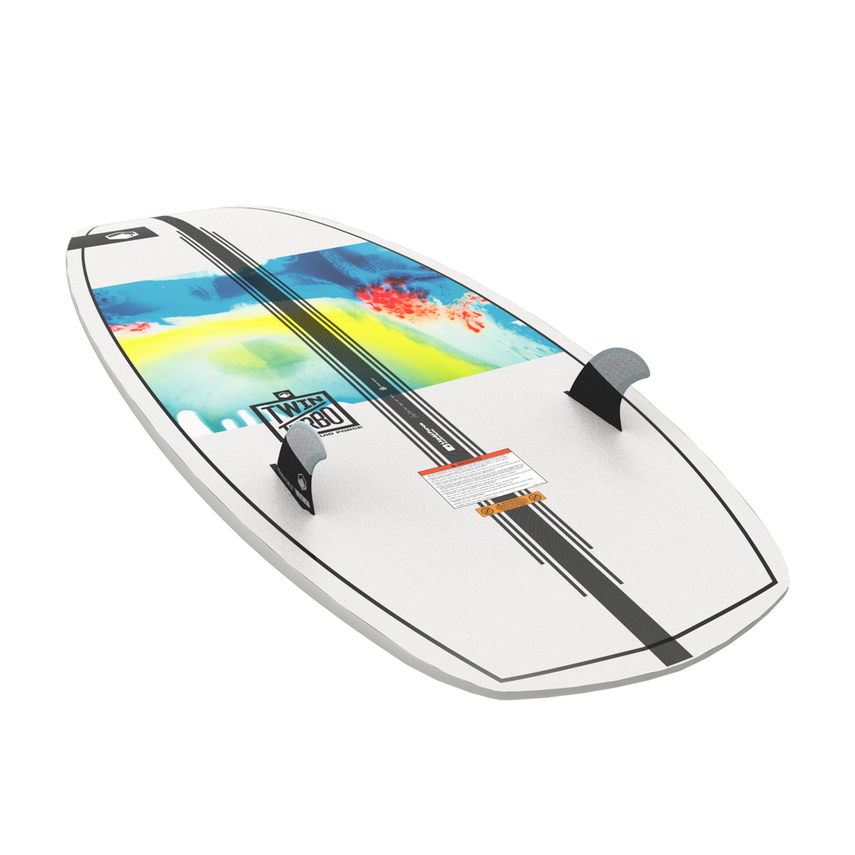 The Liquid Force 2025 Twin Turbo Wakesurf Board, from Liquid Force, comes in a white color with vibrant graphics and black stripes on the deck. Equipped with Twin Turbo technology and an ultra-fast rocker profile, it is ideal for competitive surf-style performance with its two fins on the underside.