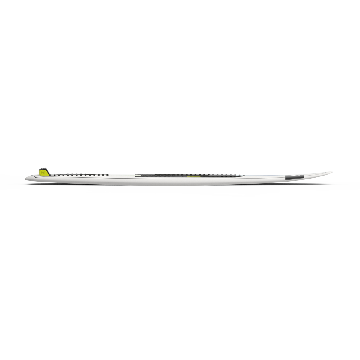 Close-up side view of the modern, sleek Liquid Force 2025 Twin Turbo Wakesurf Board with distinctive features for enhanced speed and performance.