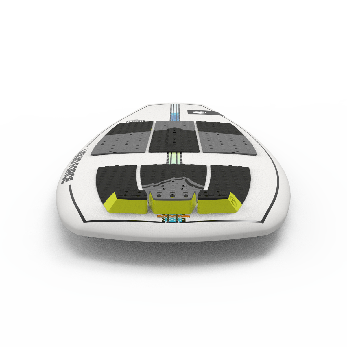 Introducing the Liquid Force 2025 Twin Turbo Wakesurf Board, a sleek white rectangular board adorned with black and yellow grip pads. Its distinctive Twin Turbo design caters to those who desire a competitive surf-style experience.