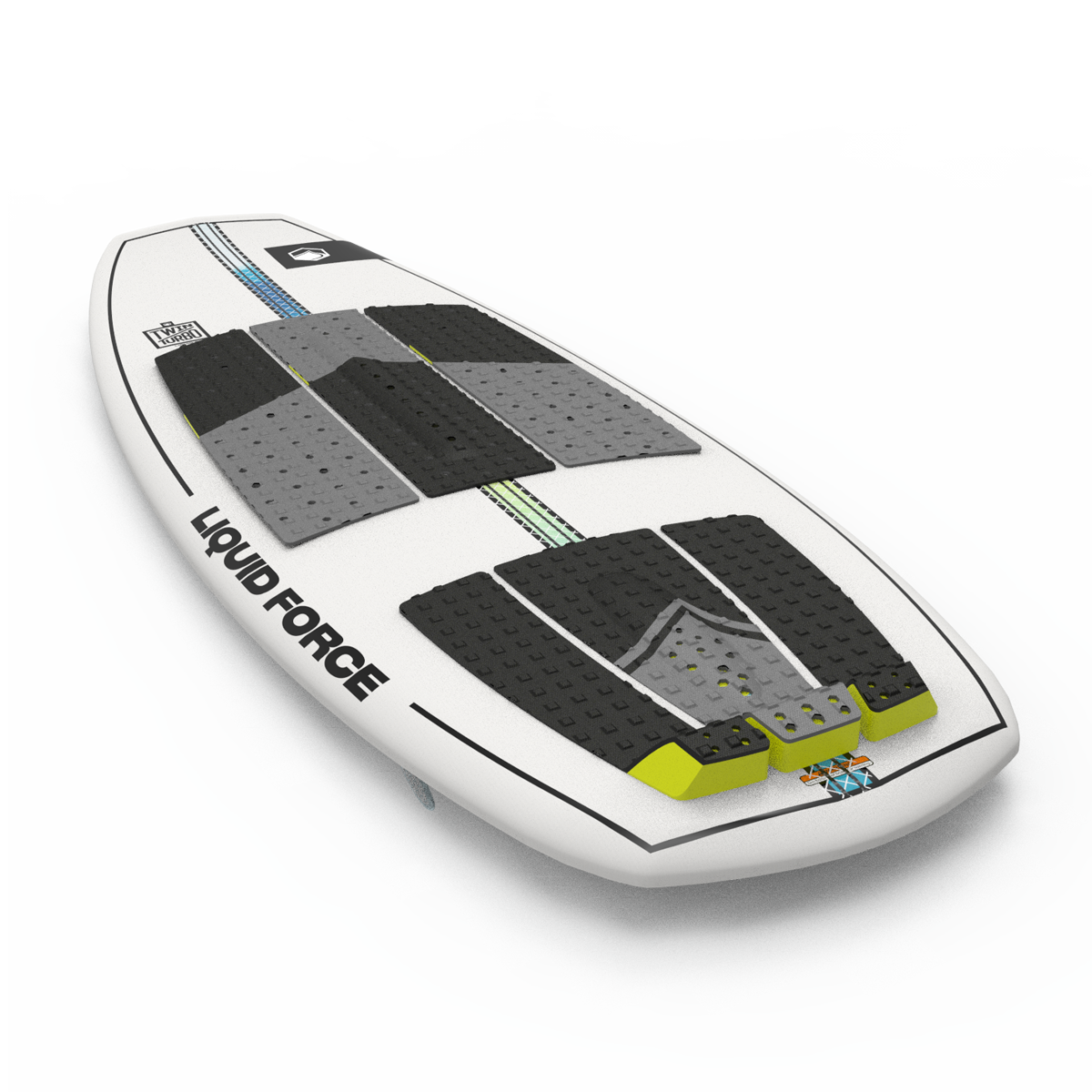 Introducing the Liquid Force 2025 Twin Turbo Wakesurf Board, a sleek white board equipped with black and gray pads, a textured surface, and the iconic brand logo. This model now features an ultra-fast rocker profile for improved performance.
