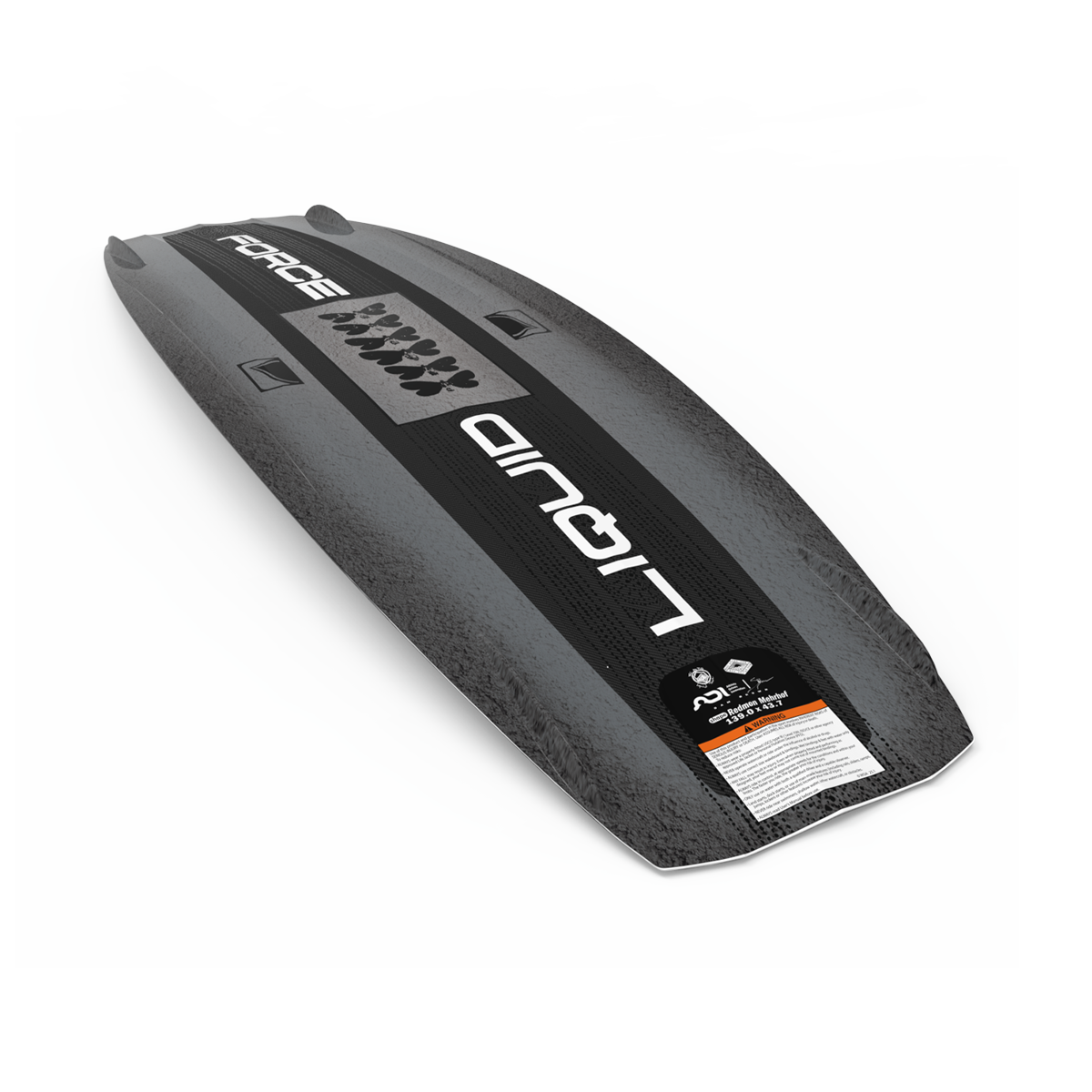 The Liquid Force 2025 Unity Aero Wakeboard, in black and gray with a textured surface, features the labels "Liquid Force" and "Airush" along with a honeycomb pattern on top. This high-performance board comes equipped with a CNC'd AERO Foam Core, ensuring durability and precision for any surfing adventure.