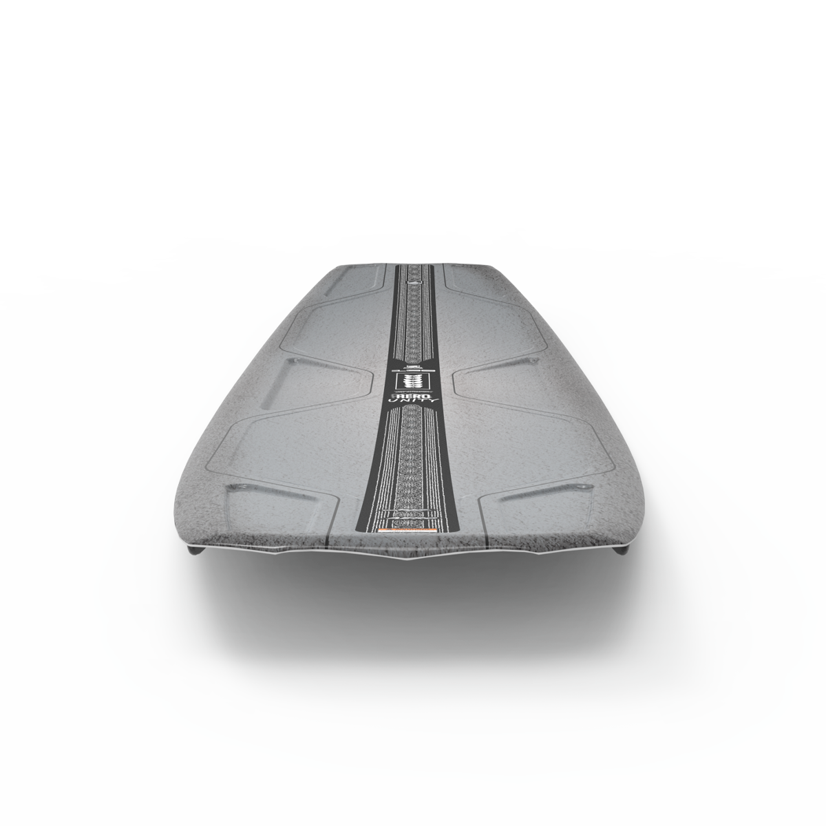 A Liquid Force skateboard deck in gray, featuring a textured surface with a central black stripe, and adorned with a logo and text. It's crafted using the precision of CNC'd AERO Foam Core technology, ensuring durability and performance similar to a high-performance wakeboard like the Liquid Force 2025 Unity Aero Wakeboard.