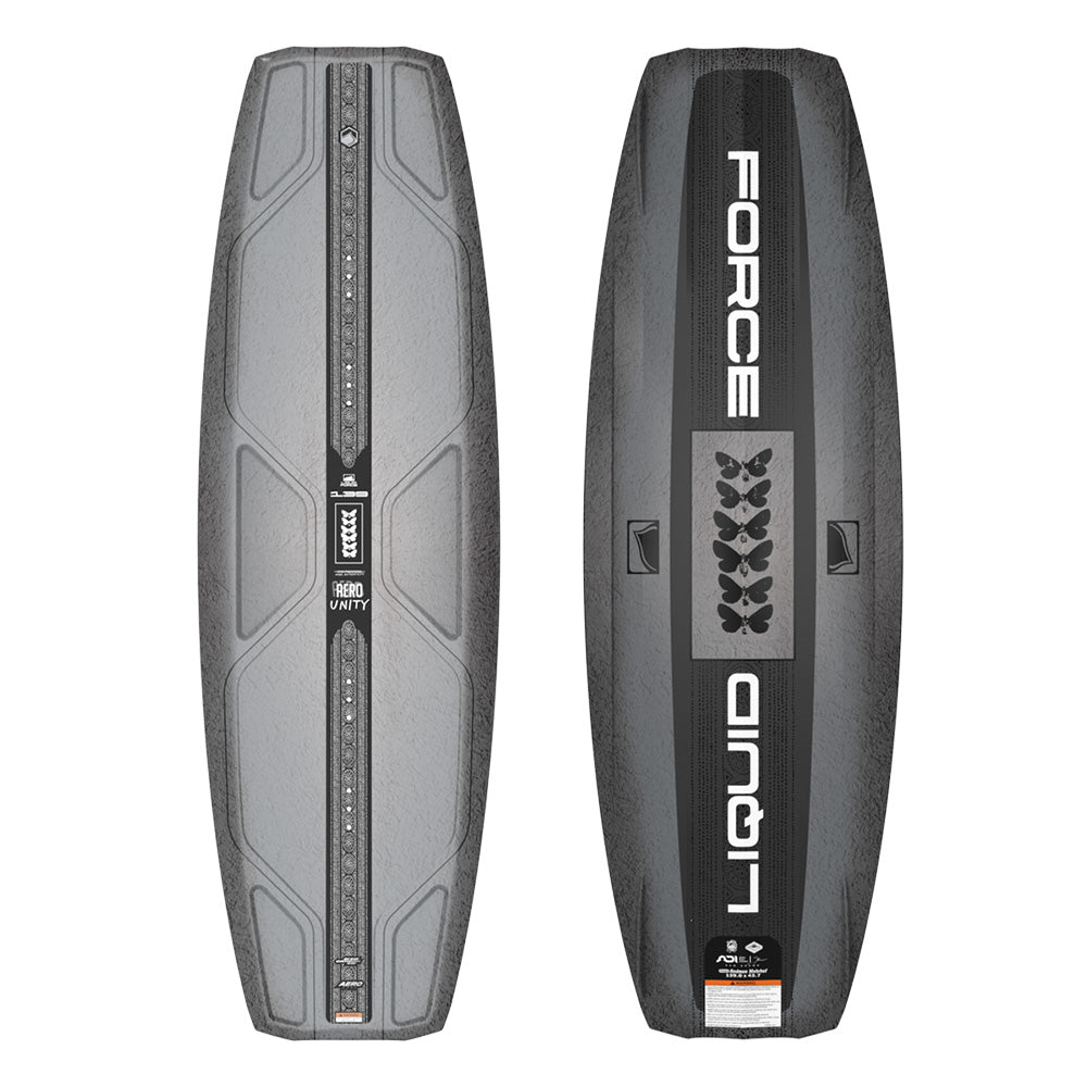 Top and bottom views of the Liquid Force 2025 Unity Aero Wakeboard featuring a textured gray surface, black and white branding, and hexagonal patterns. It is designed with a Unity AERO CNC'd AERO Foam Core for superior agility on the water.