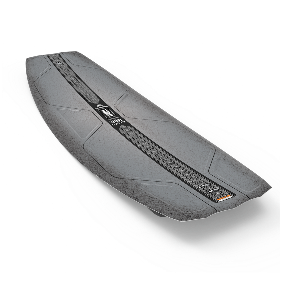 Close-up image of a black Liquid Force 2025 Unity Aero Wakeboard highlighting its subtle textured surface and central stripe, showcasing the CNC'd AERO Foam Core for enhanced performance.