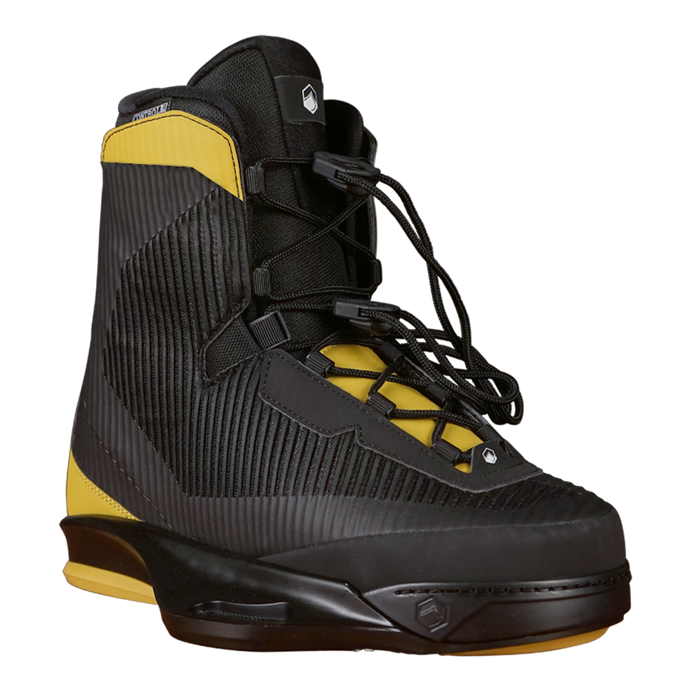 Introducing the Liquid Force 2025 Vertex 6X Boots: a black and yellow high-top sports boot featuring textured panels and secure laces, inspired by Liquid Force's innovative bindings design. Ideal for those who prioritize both style and performance.