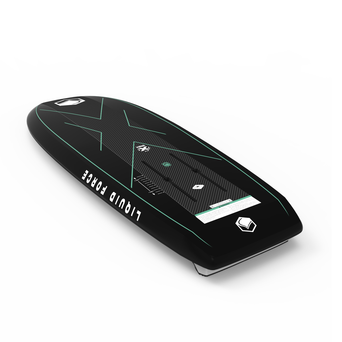 On a white background lies the Liquid Force 2025 X Foil Board, a surf-inspired black wakeboard with green accents and the brand name Liquid Force prominently displayed on its side.