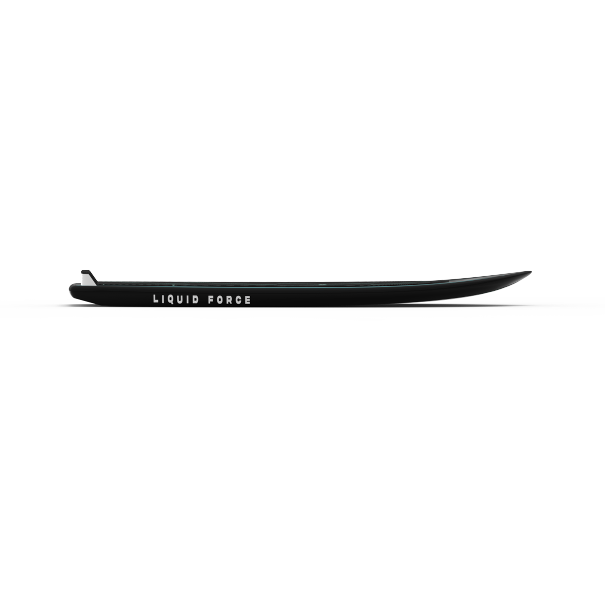 Side view of a Liquid Force 2025 X Foil Board showcasing a sleek black design, with the brand name displayed in white text. The board is equipped with the cutting-edge Carbon Horizon 1200 Fuselock Foil Package for superior performance.
