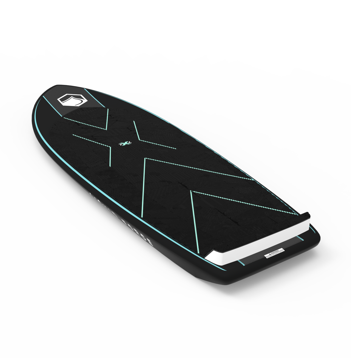 The Liquid Force 2025 X Foil Board, designed by Liquid Force, showcases a surf-inspired motif with its black surface accented in light blue against a gray background, effortlessly combining style and functionality.