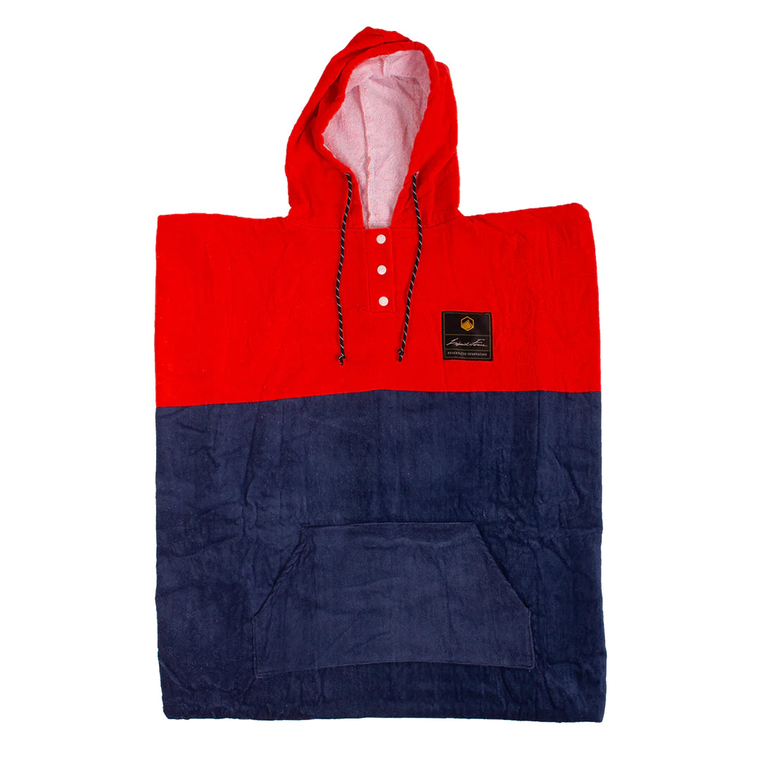 The Liquid Force Block Changer (Red/Navy), featuring a hood, front pocket, and stitched patch on the upper left side, makes for a perfect gift or doubles as a stylish changing towel.