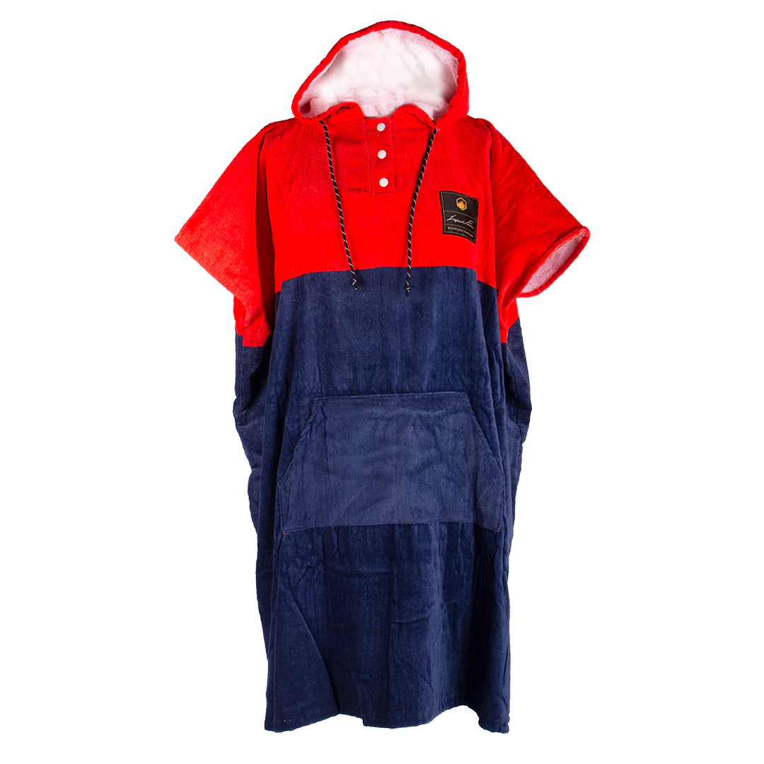 The Liquid Force Block Changer, a versatile towel by Liquid Force, is designed as a two-tone hooded poncho with a vibrant red top and navy bottom. It features a front pocket and toggle buttons, making it an ideal gift for any occasion.