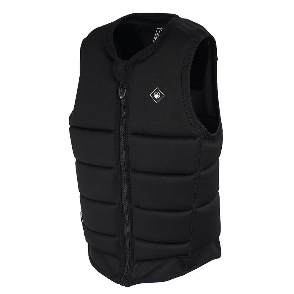 The Liquid Force Code Comp Vest 2026 - Black features a sleeveless, competition-style design with lightweight foam padding, a front zipper, and a small square chest logo, shown against a white background.