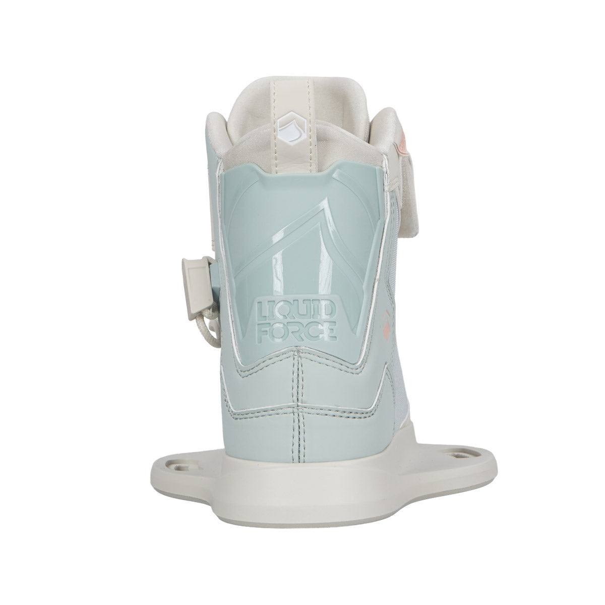 Back view of the Liquid Force M.E. Kids Wakeboard with Dream 6R Bindings 2026 in light blue and white, featuring stitching details, a padded collar, and a sturdy baseplate.