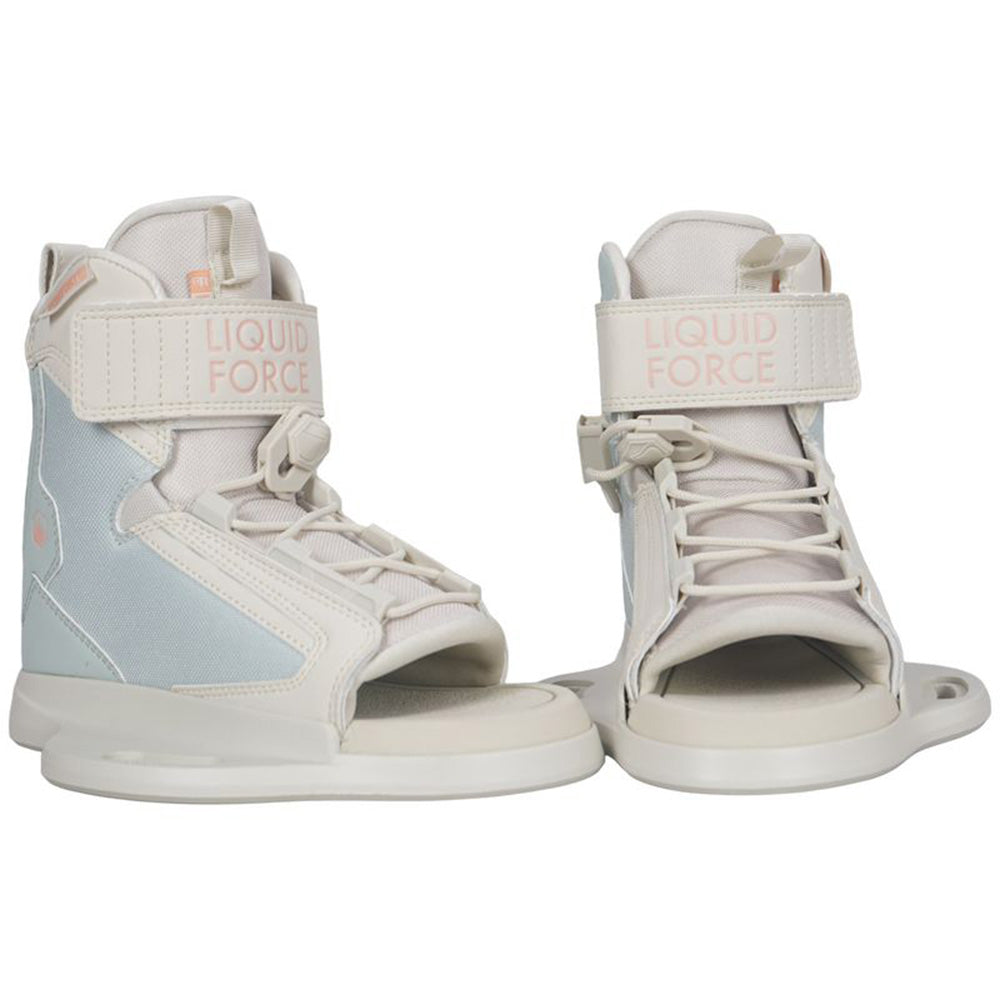 The Liquid Force M.E. Kids Wakeboard with Dream 6R Bindings 2026 is a youth wakeboard set by Liquid Force, featuring open-toe bindings with Velcro straps and laces in white and light blue, shown against a white background.