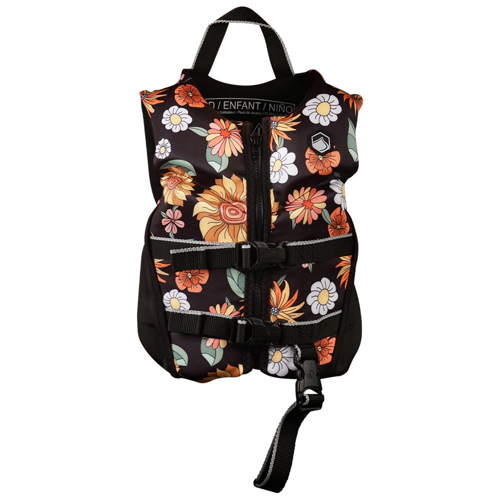 The Liquid Force Dream Girls CGA Life Vest (30-55 lbs) by Liquid Force features a black background with a vibrant orange, yellow, and white floral pattern, plus adjustable front and bottom straps for safety. Coast Guard Approved.
