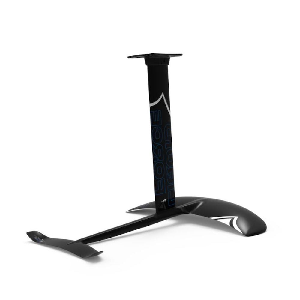The Liquid Force Launch Foil Board | Launch Alloy 1200 Fuselock Foil Package 2026 features a black hydrofoil with vertical mast, wide front wing, small rear wing, LF Foil Track System, and blue EDGE branding—ideal for kiteboarding or surf foiling.