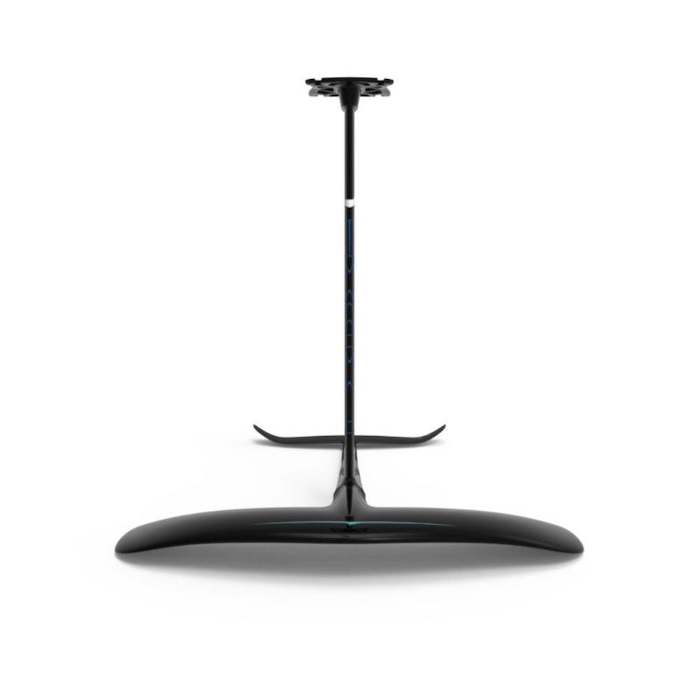 The Liquid Force Launch Alloy 1200 Fuselock Foil Package 2026 features a black hydrofoil with a long vertical mast and curved horizontal wings, designed for mounting to the Liquid Force Launch Foil Board using the LF Foil Track System.