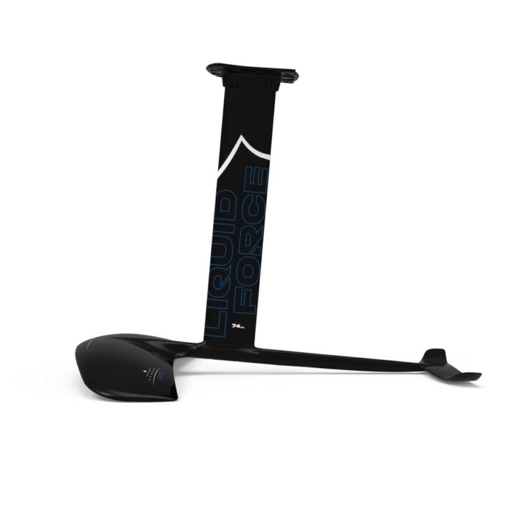 The Liquid Force Launch Foil Board | Launch Alloy 1200 Fuselock Foil Package 2026 is a black hydrofoil board with "LIQUID FORCE" in blue on the mast, front wing, fuselage, and rear stabilizer—shown on white. Compatible with the LF Foil Track System.