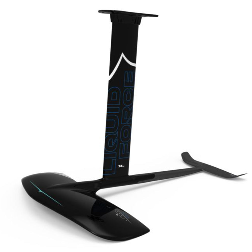 The Liquid Force Launch Foil Board | Launch Alloy 1200 Fuselock Foil Package 2026 is a black hydrofoil with blue Liquid Force branding, front wing, mast, and rear stabilizer, ideal for beginners using water sports boards with the LF Foil Track System.