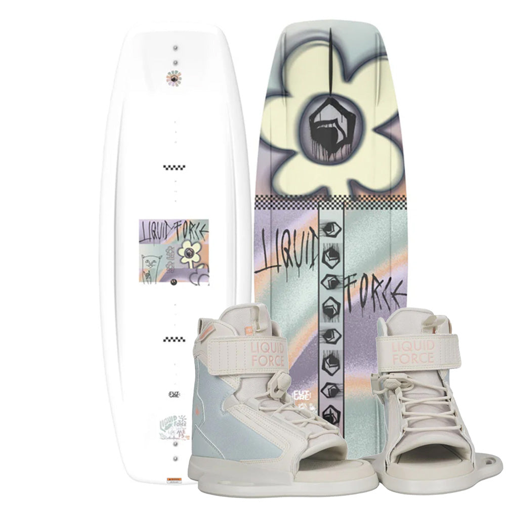 The Liquid Force M.E. Kids Wakeboard set with Dream 6R Bindings 2026 features a pastel floral, LIQUID FORCE text, and abstract patterns on a soft light background with light grey boots—ideal for youth riders.