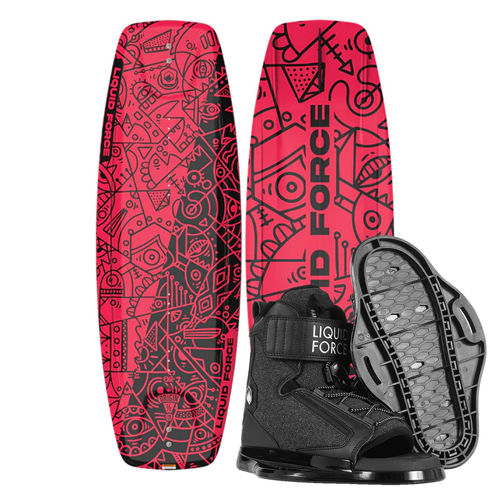 Two Liquid Force Origin Kids Wakeboards stand upright side by side, each featuring bold black abstract designs. In front, a pair of Rant 6R Bindings and matching detachable footpads are displayed.