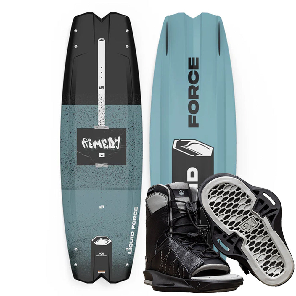 The Liquid Force Remedy Wakeboard | Transit 6x Bindings 2026 set includes a blue and black all-purpose board with Remedy and Force logos and a pair of black and gray boots with textured soles by Liquid Force.