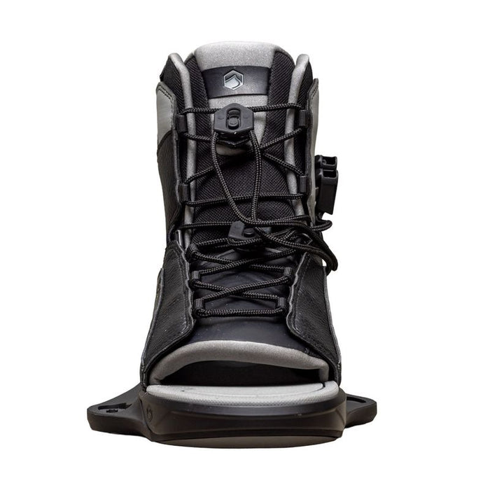 A Liquid Force Origin Wakeboard with Transit 6x Bindings 2026, featuring a black and gray lace-up front and padded interior, is displayed from the front against a white background.