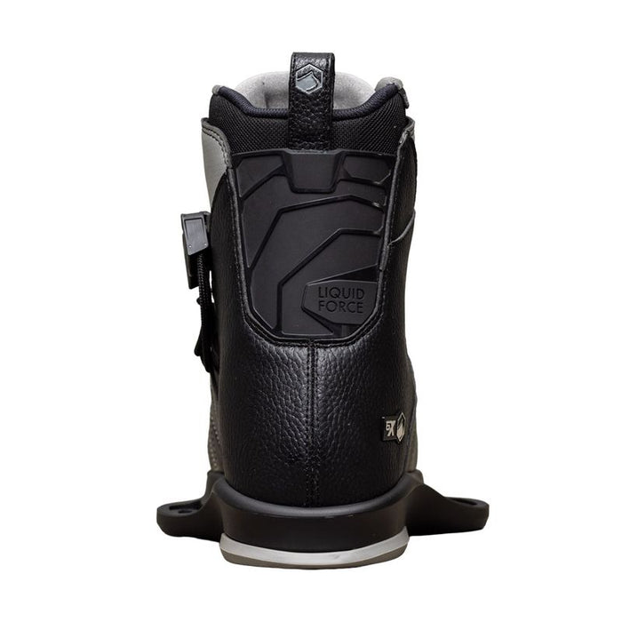 The Liquid Force Origin Wakeboard with Transit 6x Bindings 2026 in black features a high padded collar, textured surface, and sturdy baseplate with geometric heel design—ideal for your next BROstock 2025 adventure.