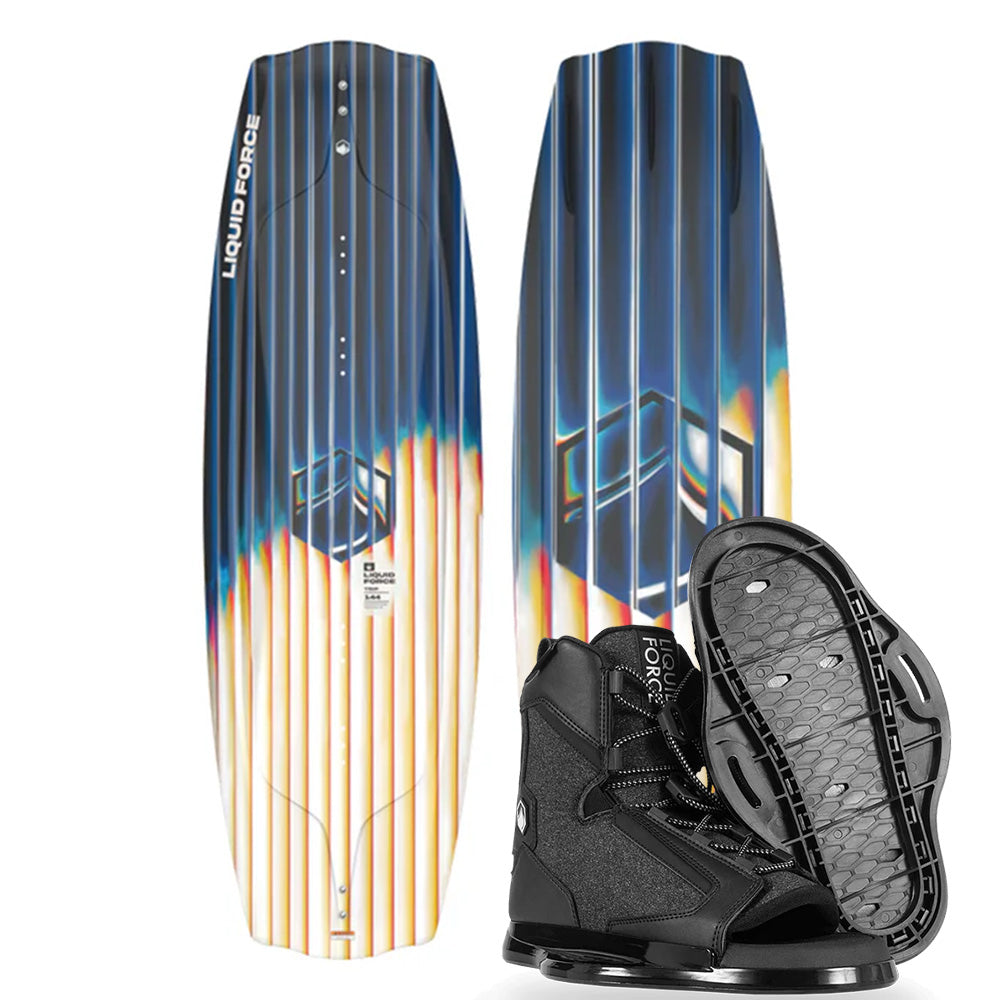 Two colorful Liquid Force Trip Wakeboards with striped patterns stand upright, paired with black Index 6R Bindings featuring cushioned footbeds and secure straps—ideal for those progressing in wakeboarding.