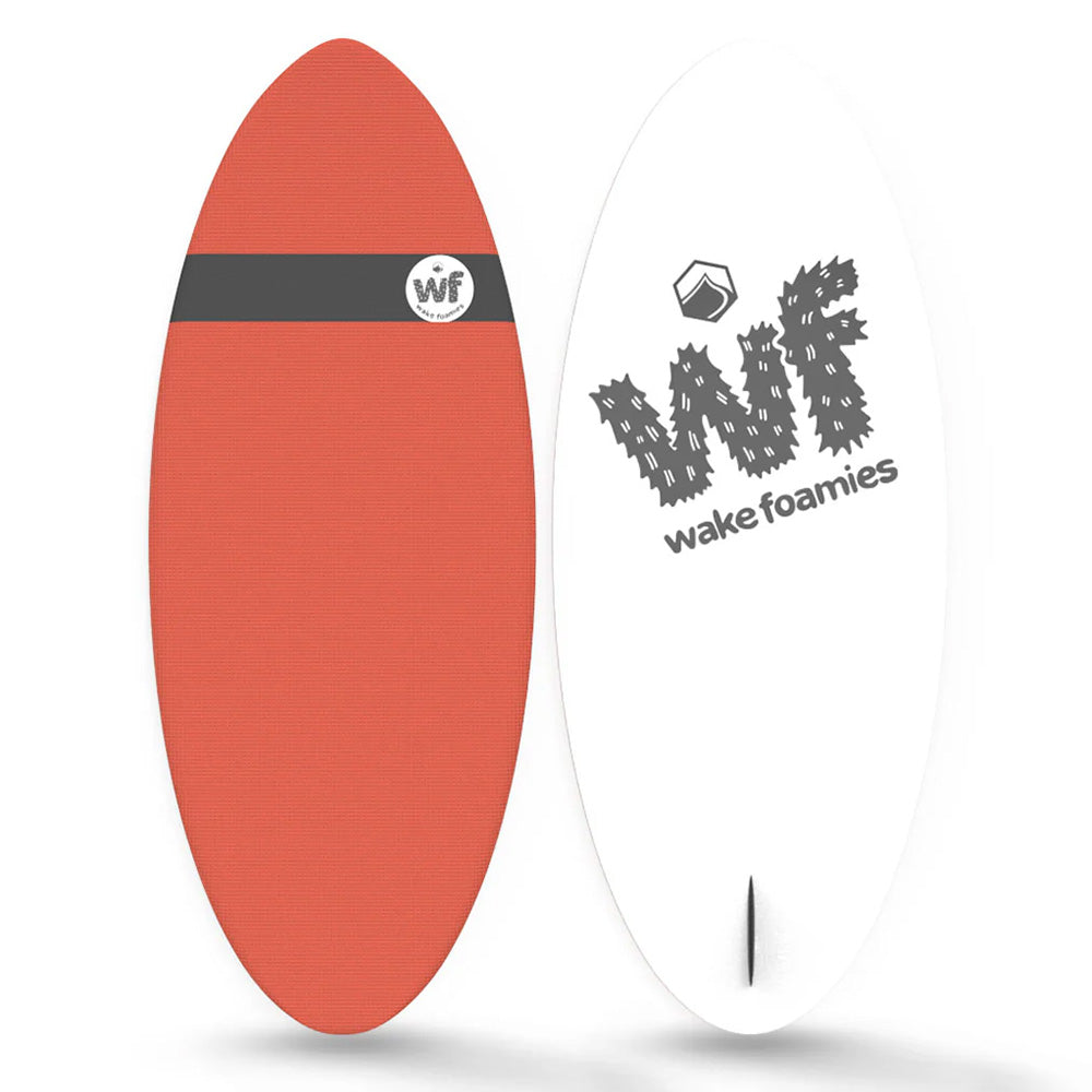 Front and back of the Liquid Force Wake Foamie Skim Wakesurf Board - 4'4 by Liquid Force: red-orange with black stripe and round logo on front, white with spiky logo, "wake foamies" text, and single fin on back—great for boat wakes or skimming.