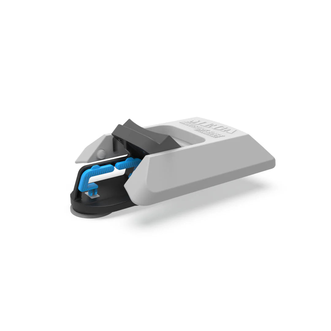 The Liquid Force Wakesurf Edge Mega Wave Folding 250 by Liquid Force, a gray and black rectangular plastic wake shaper with a blue trigger, is shown against a white background—ideal for boosting your boat’s surfing wave.