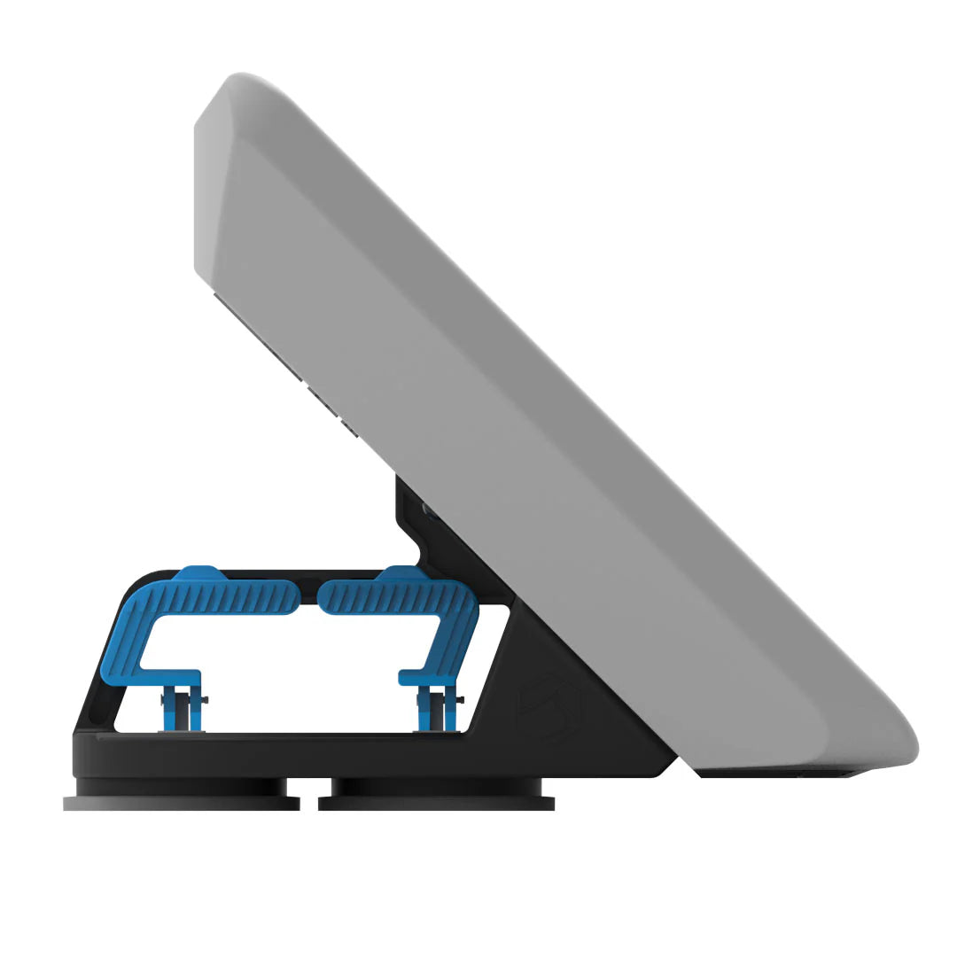 A side view of the Liquid Force Wakesurf Edge Mega Wave Folding 250, a gray, slanted rectangular wake shaper by Liquid Force, mounted on a black and blue stand with two suction cups at the base.