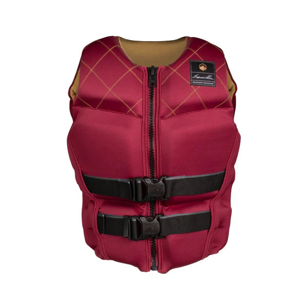 The Liquid Force Women's Diva Heritage CGA Vest features a red exterior, yellow interior, diamond-stitched shoulders, front zipper, and two black buckle straps—ideal for watersports. Displayed on a white background. Brand: Liquid Force.