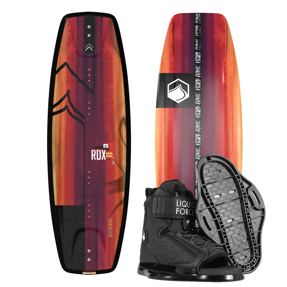 Experience the excitement of the Liquid Force 2025 RDX Kid's Wakeboard with striking red and black designs. This model, complete with Rant 6R Bindings in black, ensures a secure ride for thrilliest wakeboarding adventures.