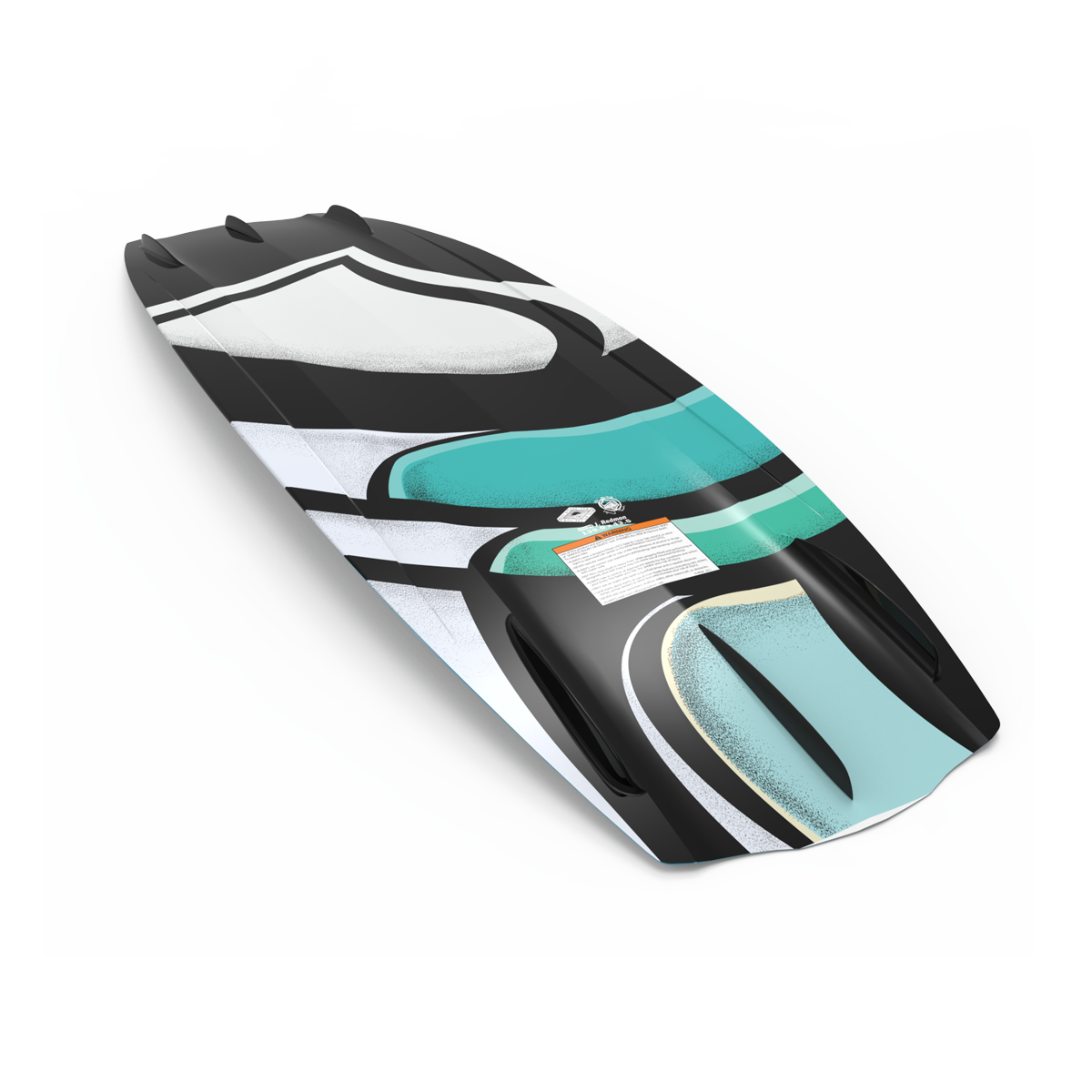 The Liquid Force 2025 Trip Wakeboard, with its striking abstract design showcasing teal, black, yellow, and white sections on the bottom, is set against a white background and is ideal for beginners exploring competitive wakeboarding.