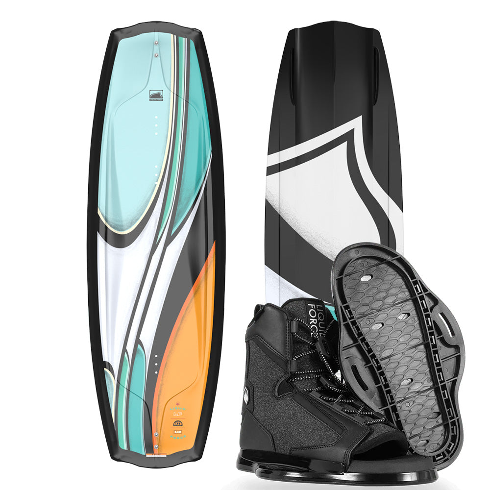The Liquid Force 2025 Trip Wakeboard | Index 6R Bindings guarantees an exciting aquatic adventure. One of the wakeboards showcases a vibrant black and teal design, while the other boasts an eye-catching yellow and black pattern. Black boots are included to enhance your ultimate experience on the water.