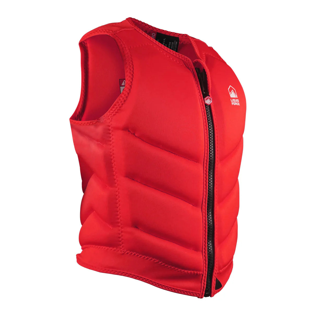 The Liquid Force Core Ladies Comp Vest by Liquid Force is a bright red, sleeveless padded vest with a front zipper and a small white logo on the upper left side.