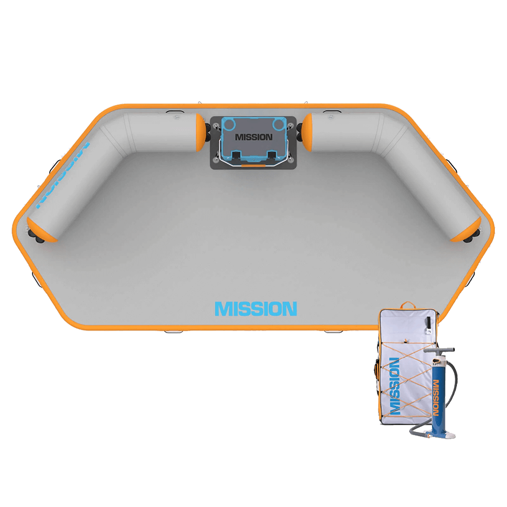 The MISSION Reef Deck | Inflatable Swim Platform + Lounger, along with boat accessories, is depicted with a pump and other equipment.